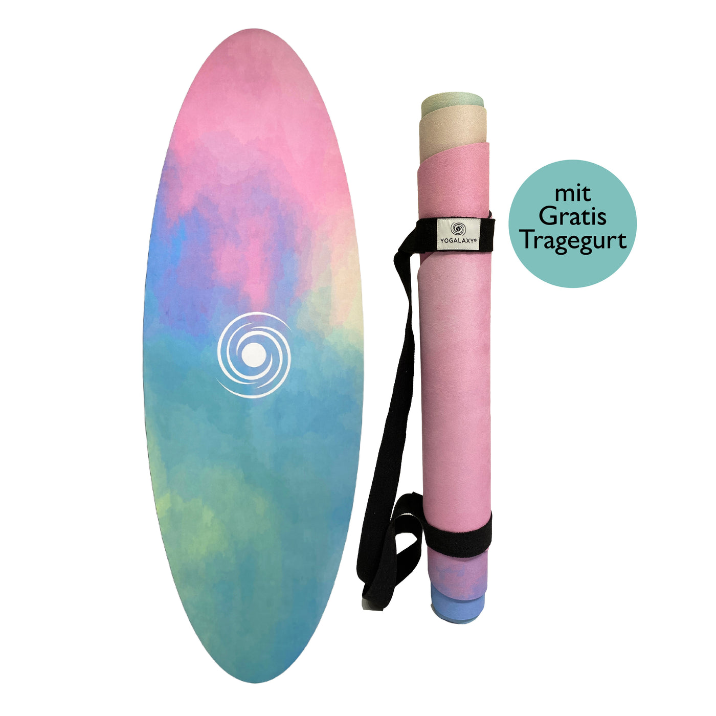 Ovale Yogamatte Rainbow von Yogalaxy mit Tragegurt