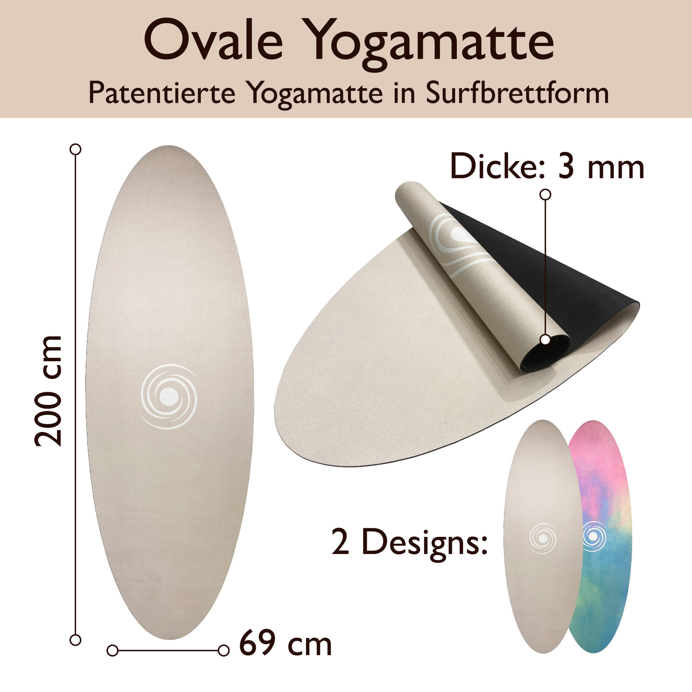 Ovale Yogamatte in Beige von Yogalaxy mit Größenangaben